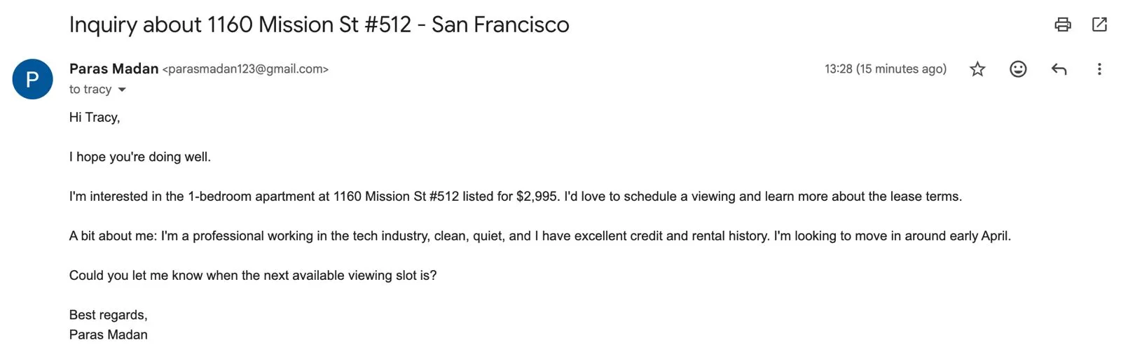 Email sent by bot0 to Mark at sfcityrents.com about the 1BR/1BA at 1160 Mission St #512 listed for $2,995, mentioning early April move-in and asking for available viewing slots, signed as Paras Madan