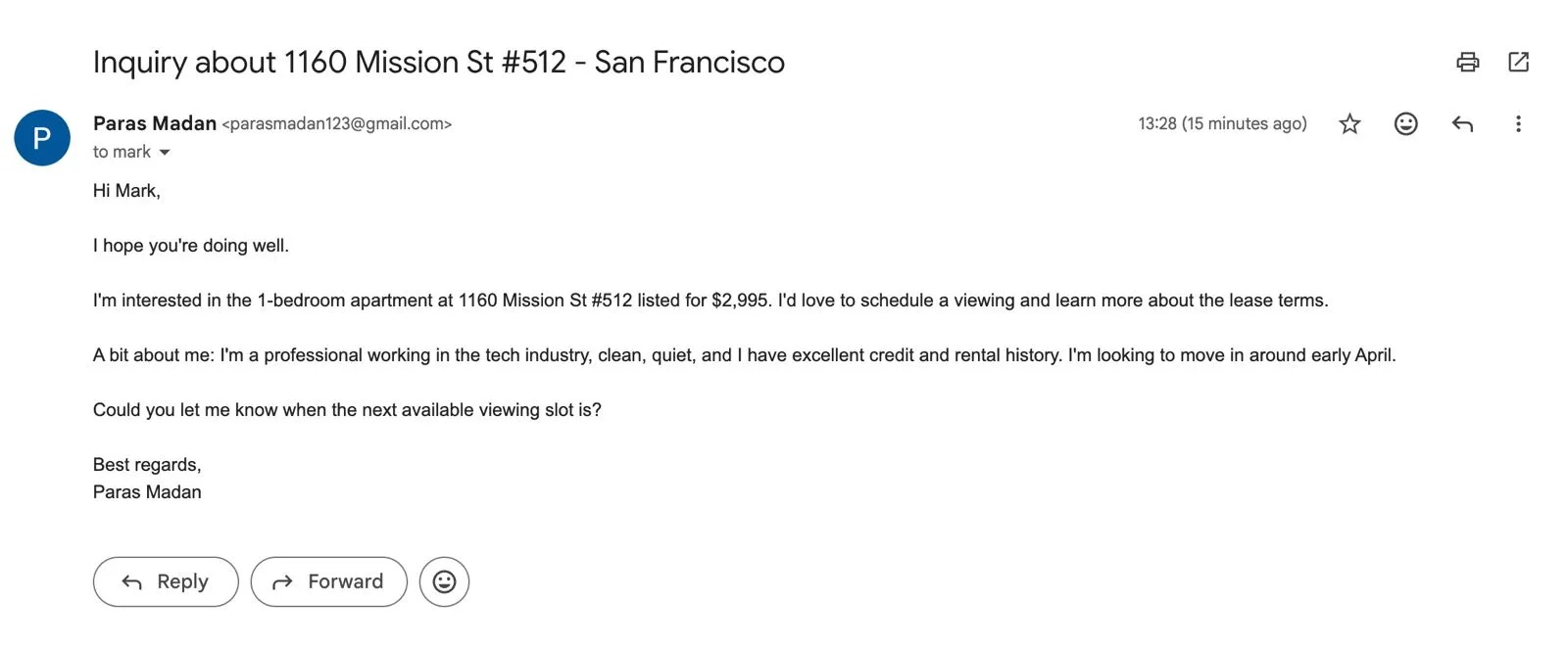 Second inquiry email from bot0 to Tracy, same listing details, personalized greeting Second inquiry email from bot0 to Tracy, same listing details, personalized greeting