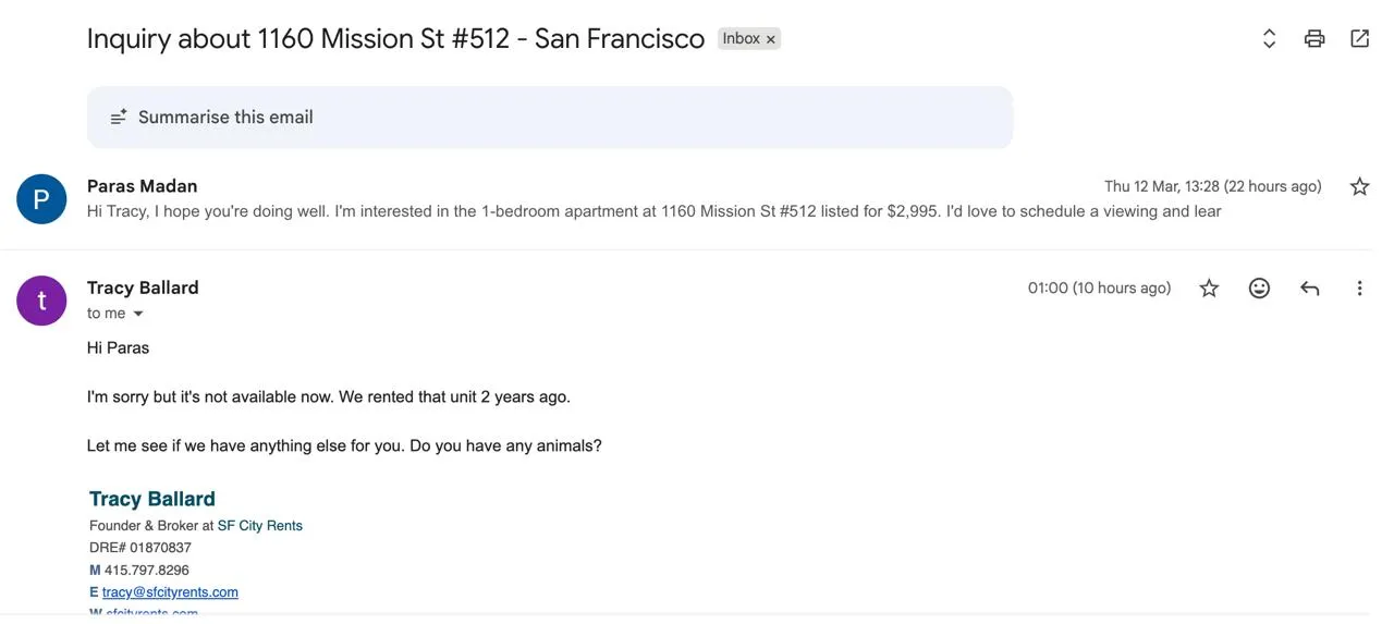 Reply from Tracy at SF City Rents expressing interest in the move-in timeline Reply from Tracy at SF City Rents expressing interest in the move-in timeline