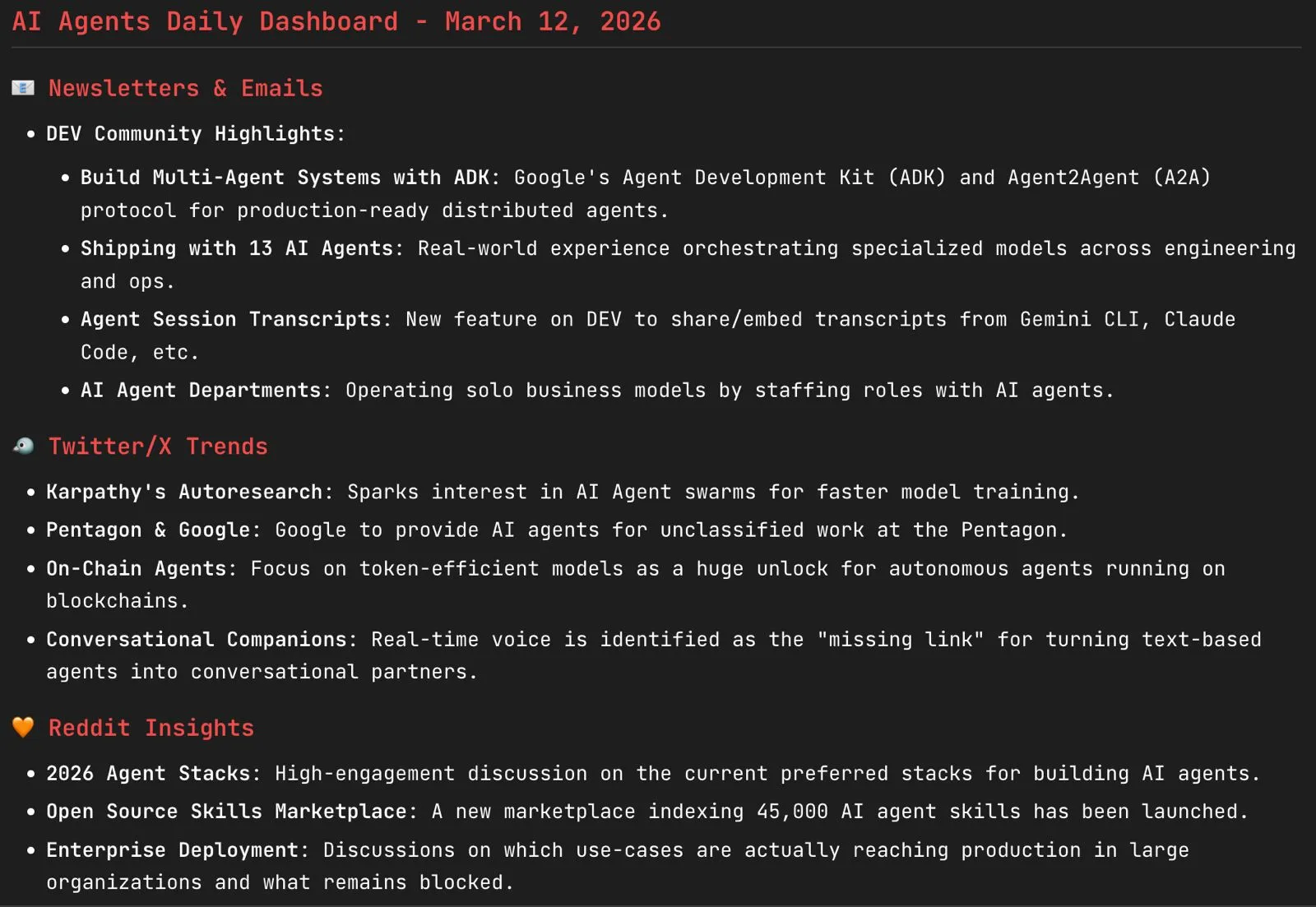 The daily-briefing.md output file showing structured sections for Reddit, Twitter, and newsletters with summaries and links The daily-briefing.md output file showing structured sections for Reddit, Twitter, and newsletters with summaries and links