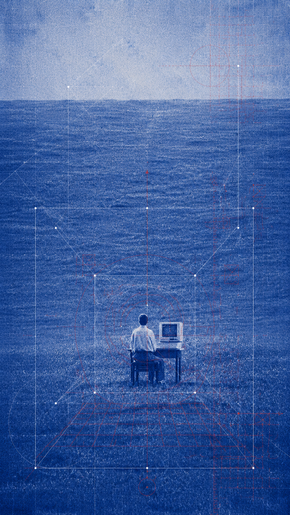 A curious mind sitting with a computer in a vast field