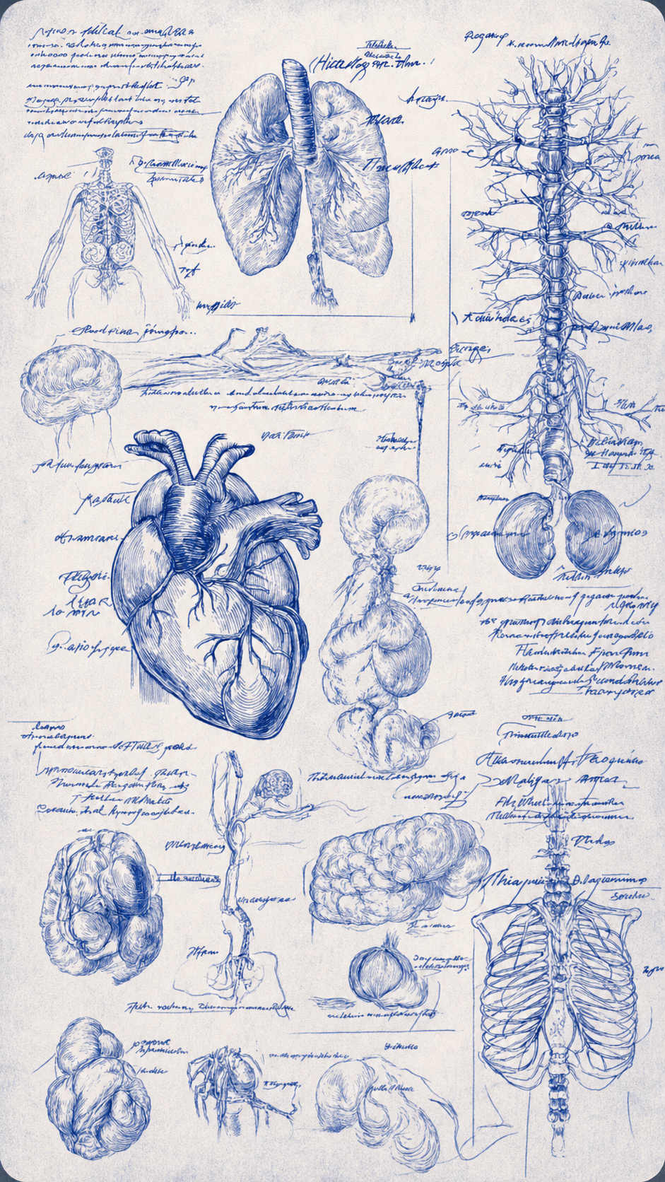 Blue archival anatomical study of organs, vasculature, and living body systems